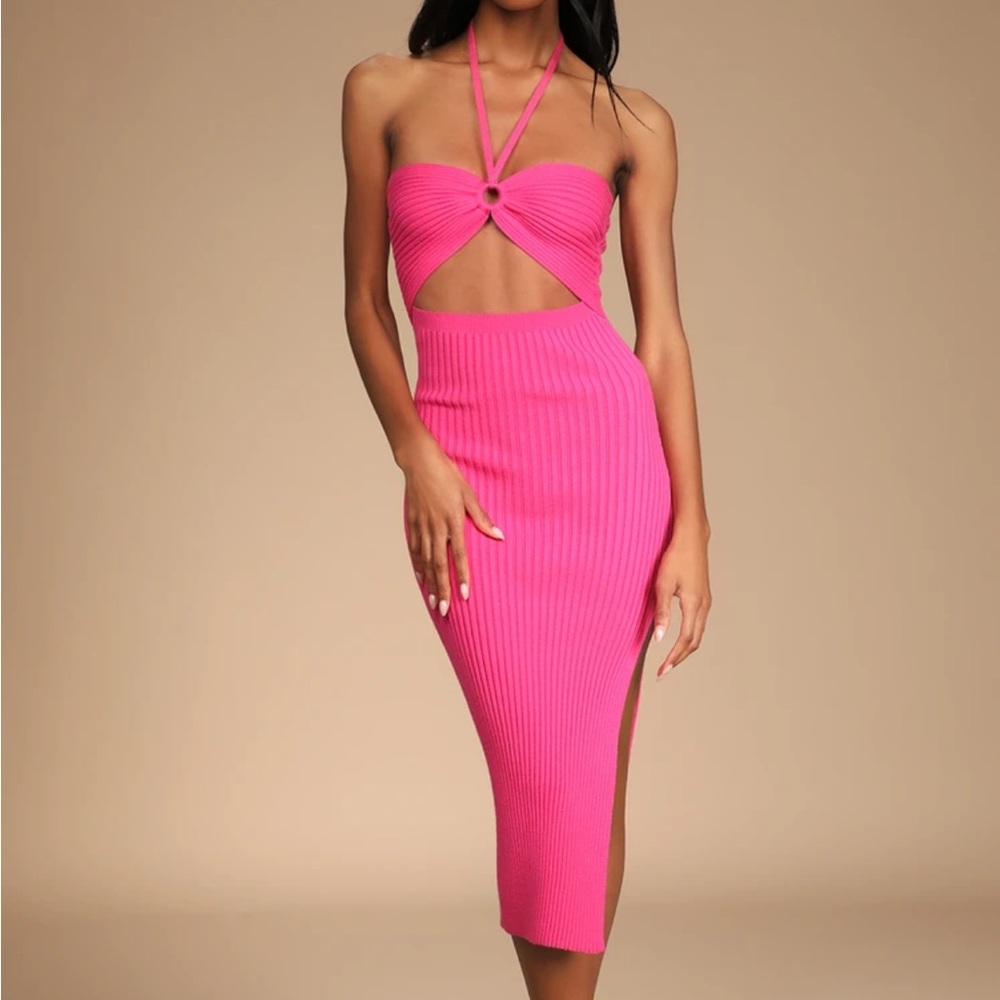 Lulus Leading the Trends Hot Pink Ribbed Knit Cutout Halter Midi Dress